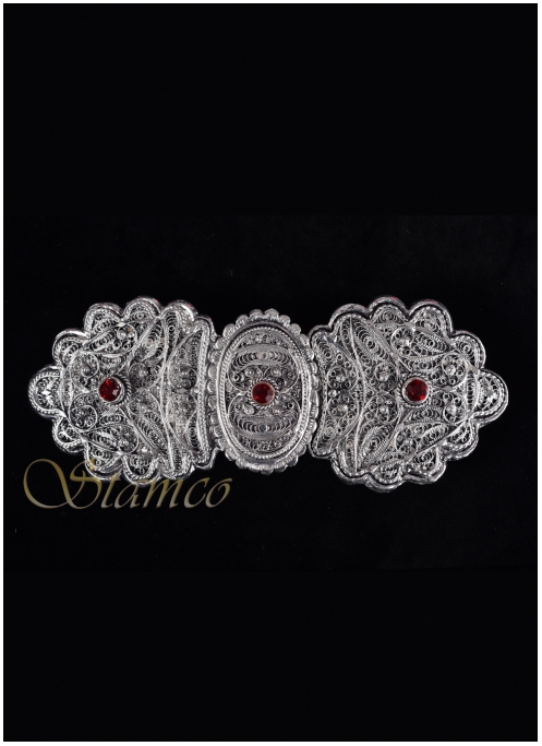 Greek Folklore Traditional Silver Buckle  with red stones
